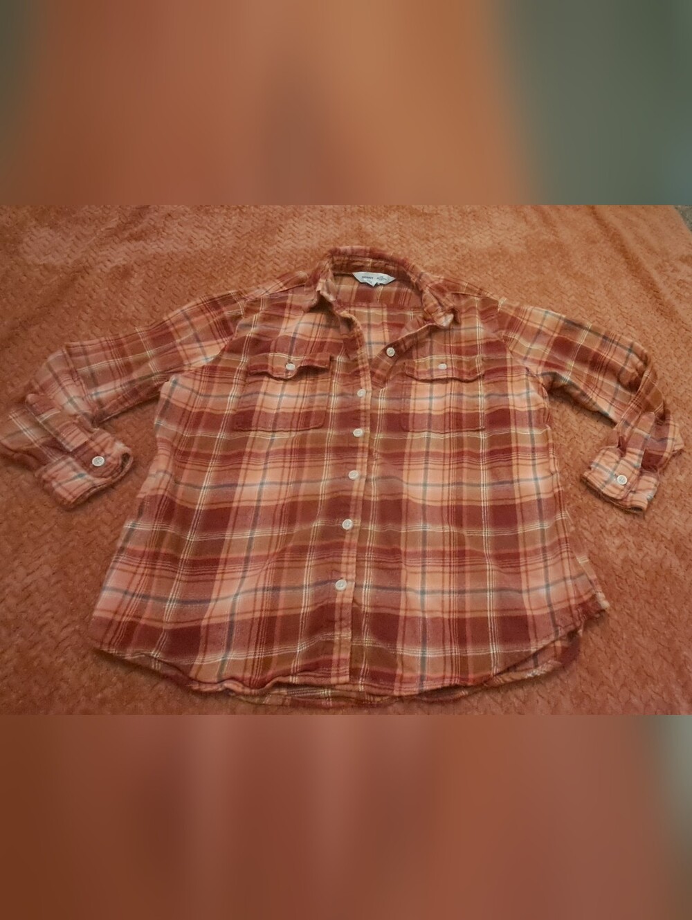 Old Navy The Boyfriend Shirt Orange Plaid Long Sleeve Button Down
